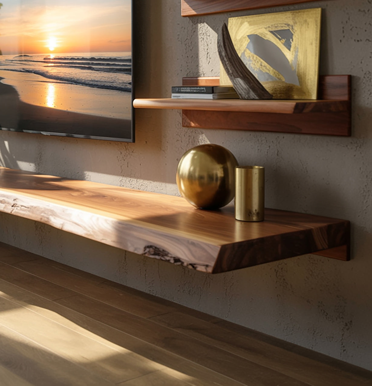 Solid Floating TV Stand with Live Edge – Handcrafted Rustic Media Console