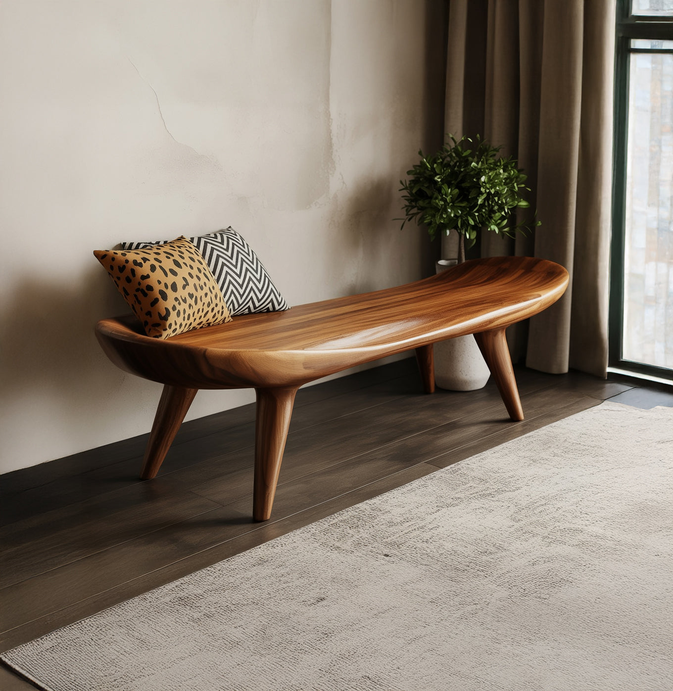 Handcrafted Solid Wood Bench with Sculpted Organic Design – Modern Rustic Seating