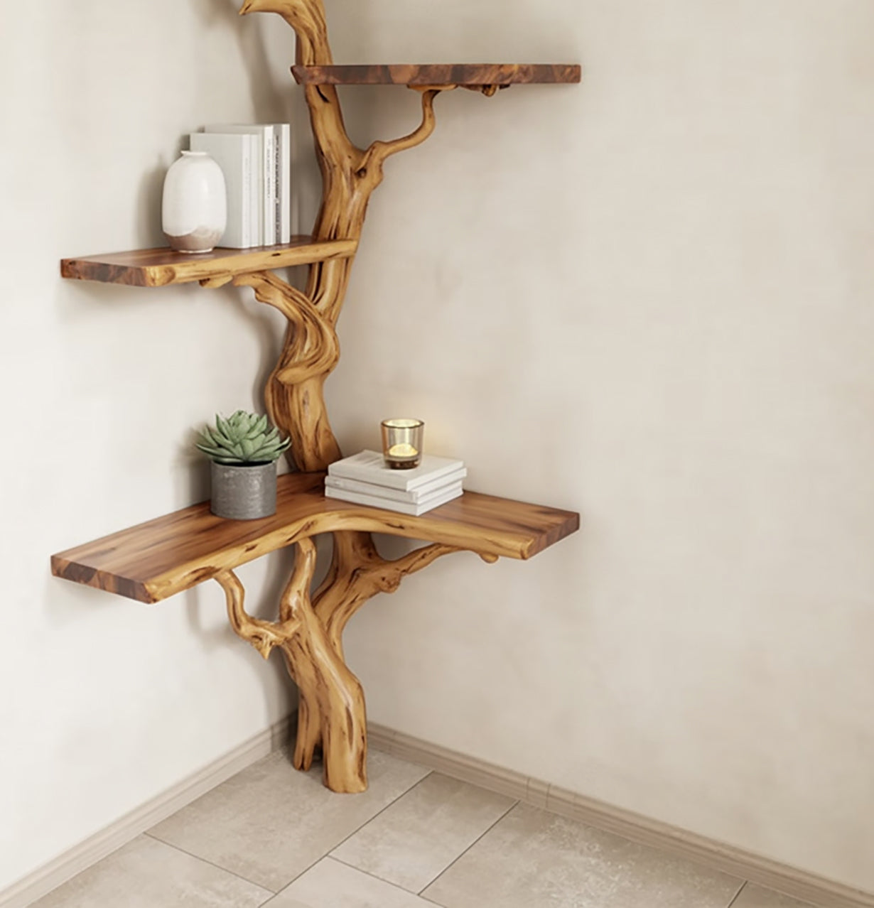 Corner Tree Branch Bookshelf – Live Edge Solid Wood Floating Shelf