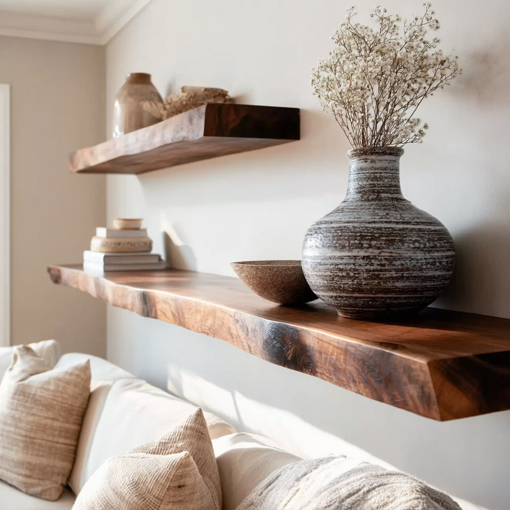 Handmade Live Edge Wooden Floating Shelves – Rustic Wall Decor