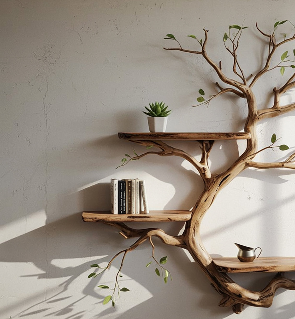 Live Edge Floating Bookshelf – Wall Mounted Solid Wood Driftwood Art Bookcase