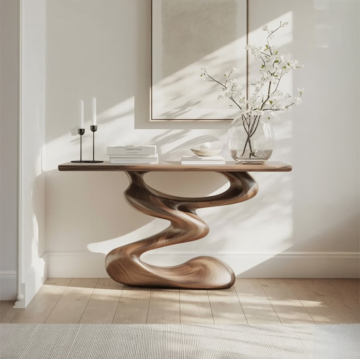 Artisan Solid Wood Console Table with Curved Sculptural Base – Minimalist Entryway Furniture