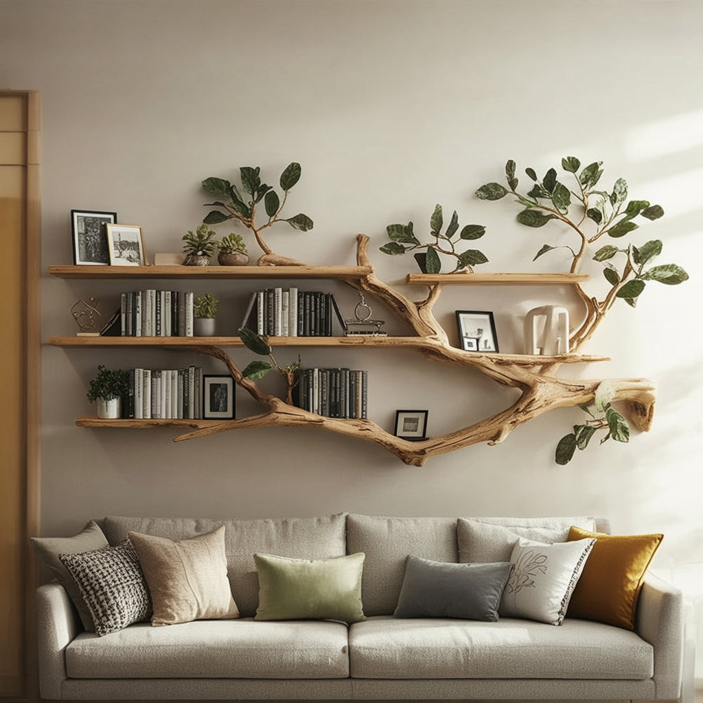 Handcrafted Tree Branch Wall Bookshelf – Natural Wood Floating Shelves