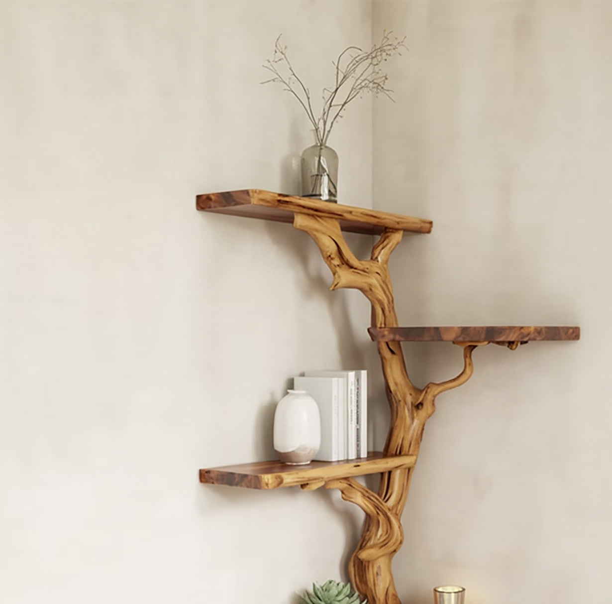 Corner Tree Branch Bookshelf – Live Edge Solid Wood Floating Shelf