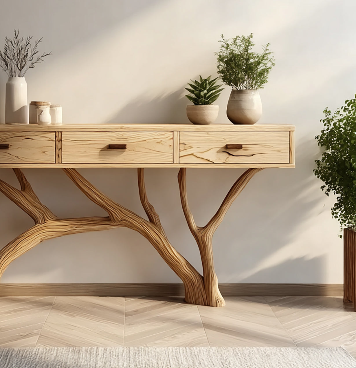 Wooden console table with tree branch design legs, decorated with potted plants and ceramic jars