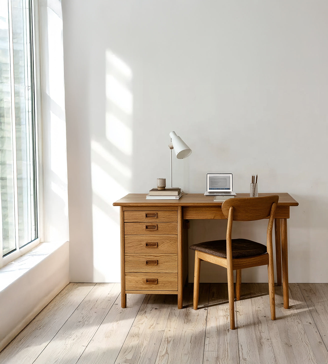 Computer Desk Ulm – Unique Mid Century Narrow Writing Desk, Solid Oak Minimalist Scandinavian Furniture