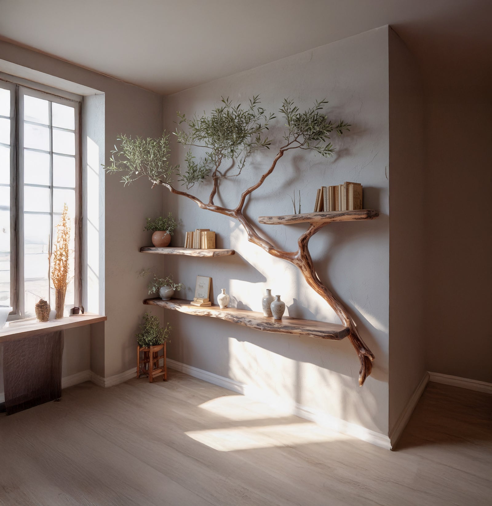 Live Edge Tree Wall Shelf – Artistic Wooden Floating Shelf, Rustic Handmade Decor