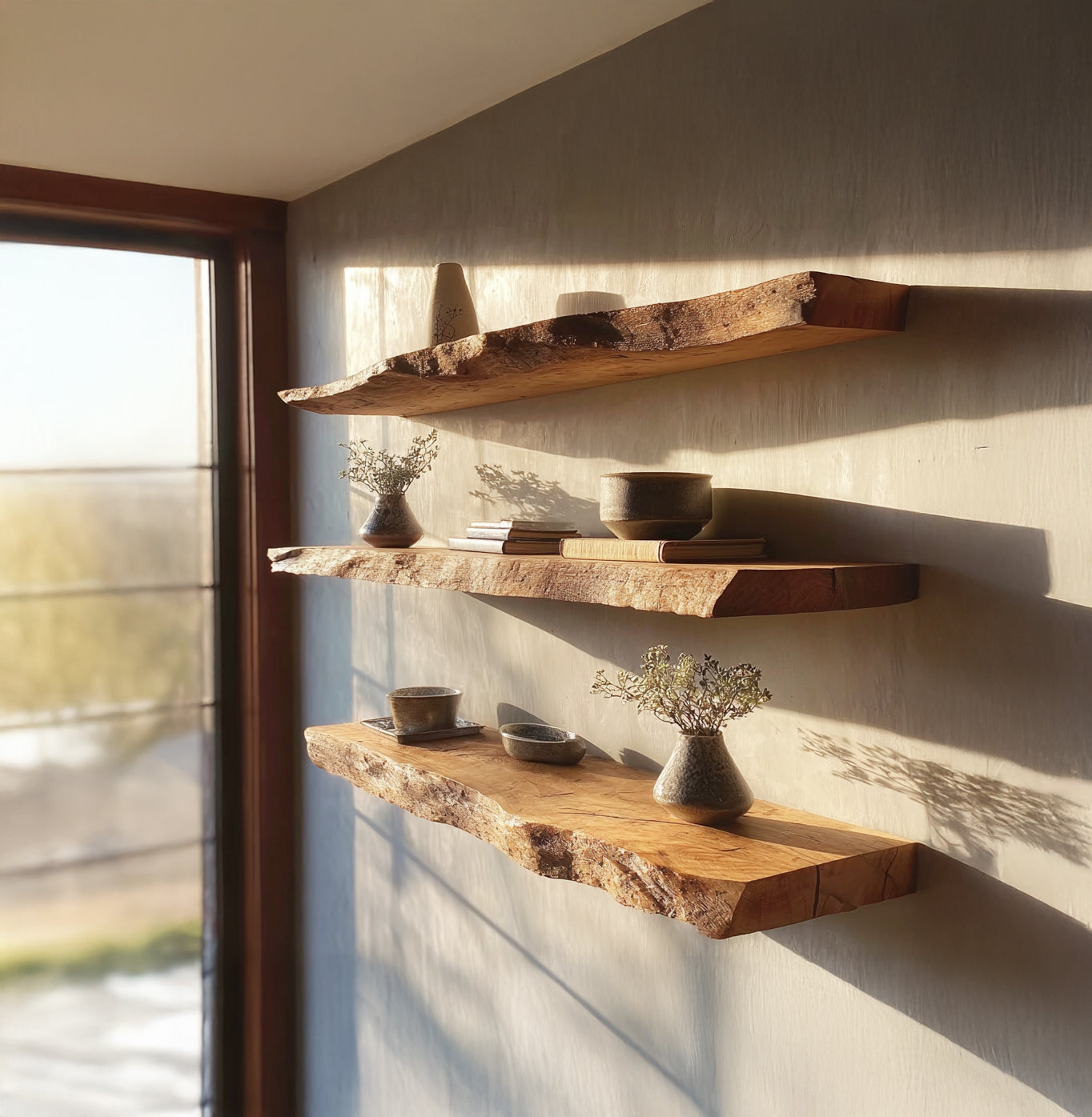 Rustic Floating Wall Shelf with Live Edge – Solid Wood Decor