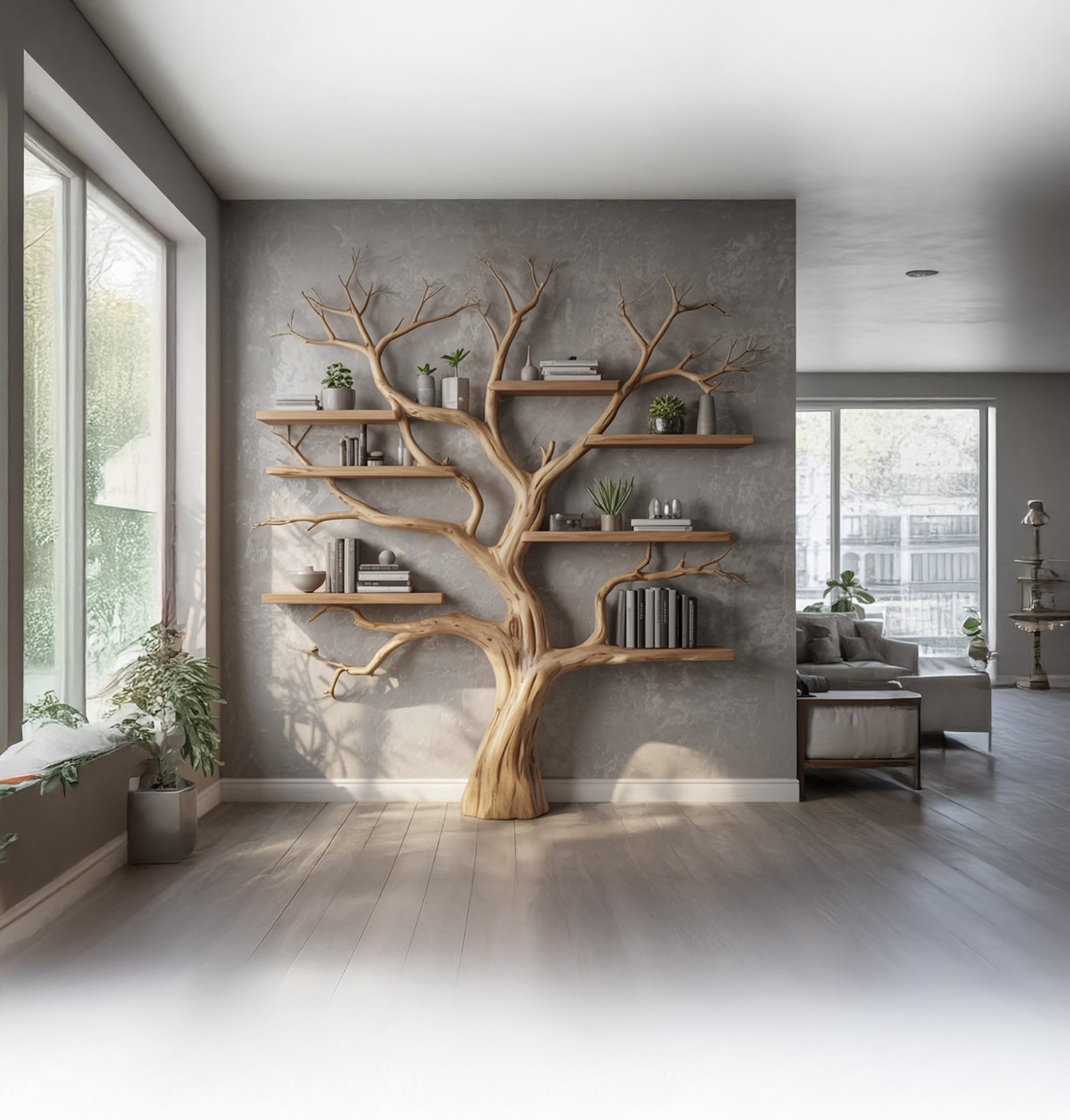 Handcrafted Tree Branch Bookshelf - Natural Wood Floating Shelves - Artistic Wall Decor