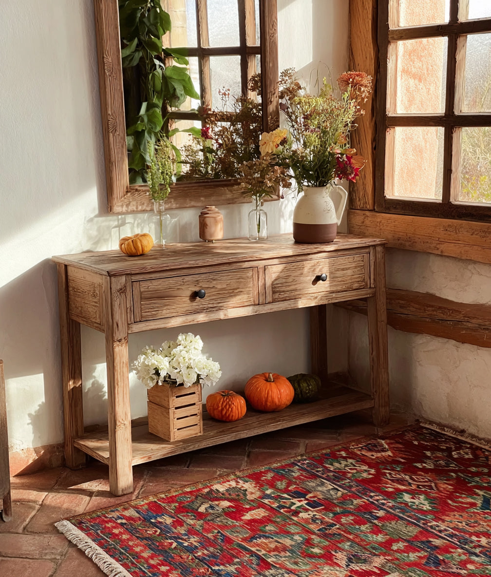 Rustic Wooden Console Table with Drawers and Lower Shelf – Farmhouse Entryway Table