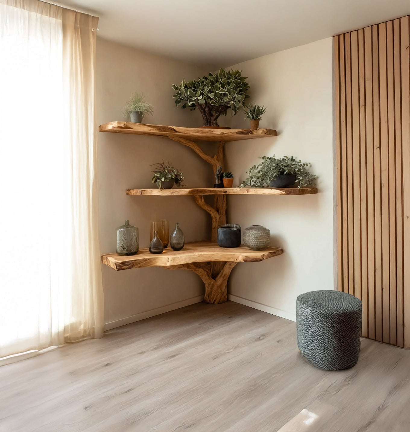 Live Edge Corner Tree Bookshelf – Rustic Handmade Wooden Wall Shelf Unit