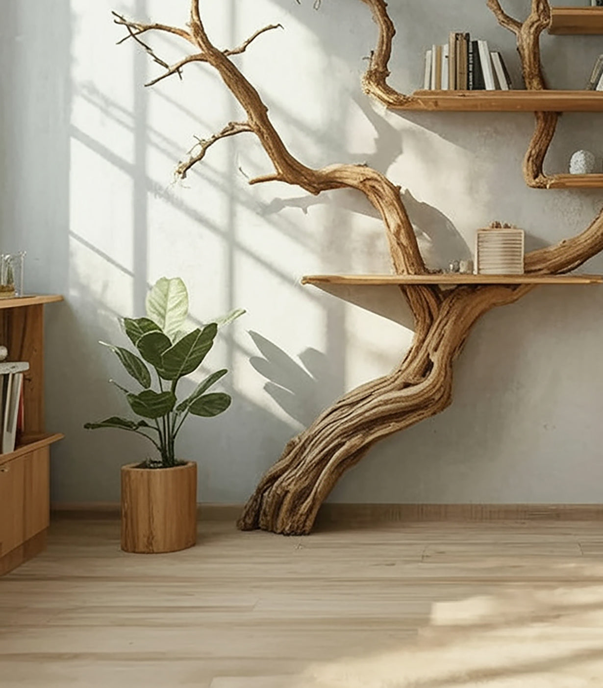 Tree Shaped Wooden Bookshelf – Sculptural Branch Bookcase & Rustic Home Décor