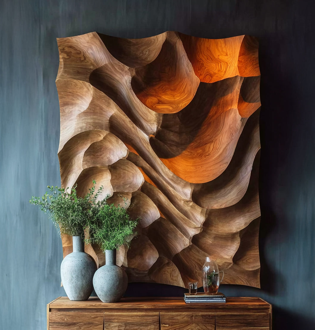 Modern Organic Wood Wall Abstract Wave Panel – Handmade 3D Art