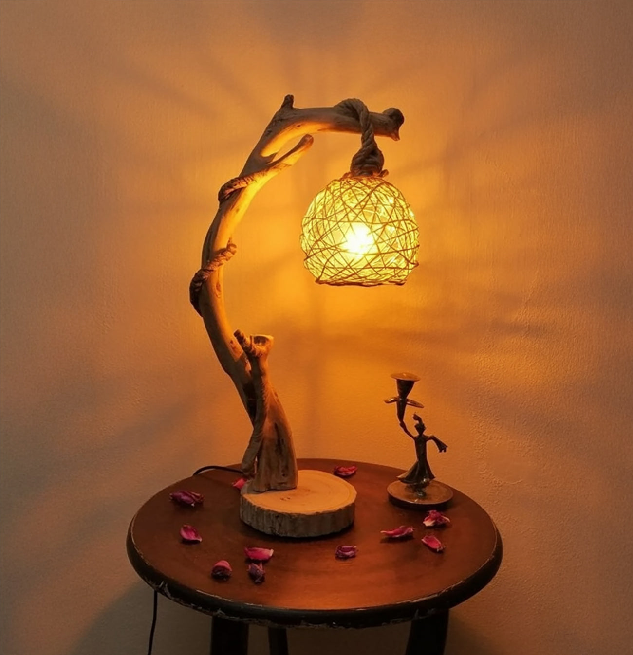 Rustic Driftwood Standing Tree Lamp – Handmade Wooden Floor Light with Rattan Lampshade
