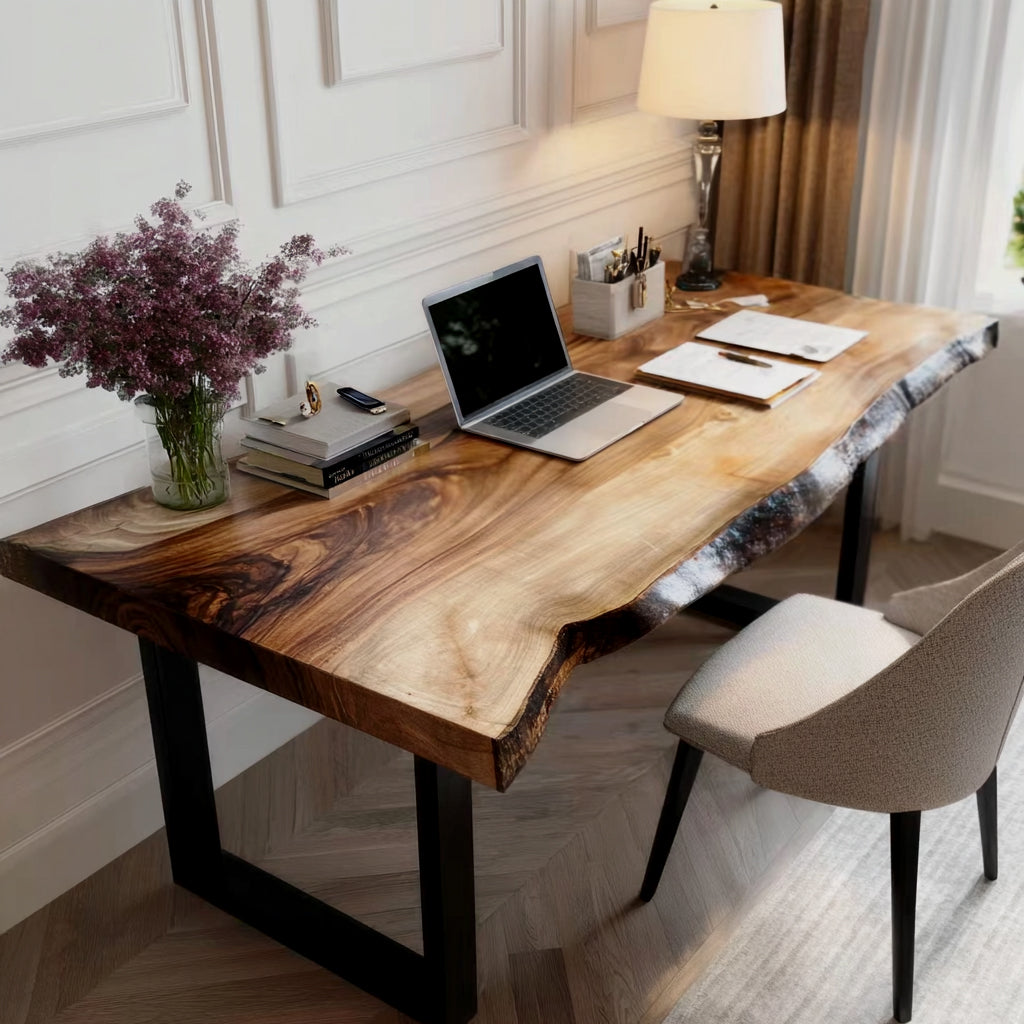 Live Edge Desk – Solid Walnut Wood Office Desk with Storage, Modern Computer Desk