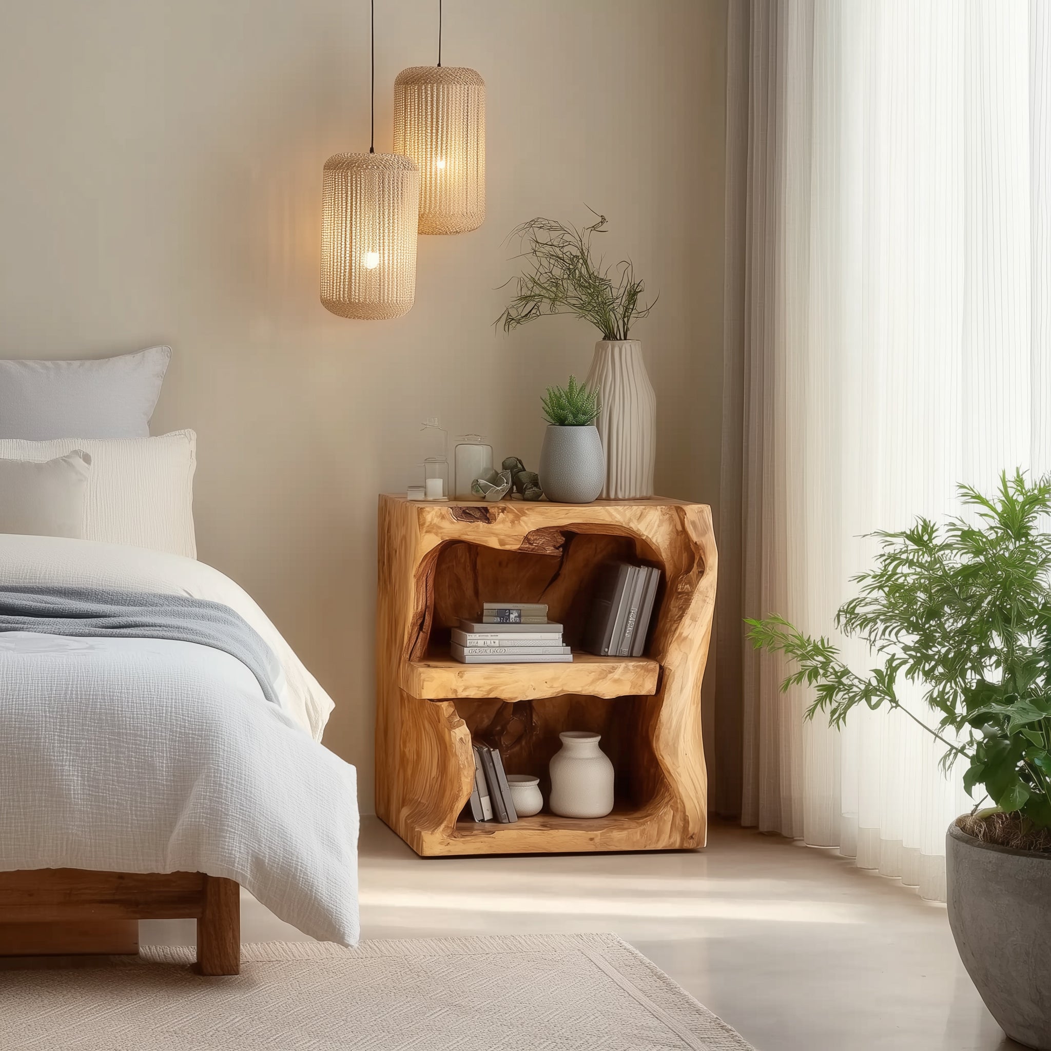 Handmade Nightstand with Drawer – Rustic Natural Wood Bedside Table for Bedroom