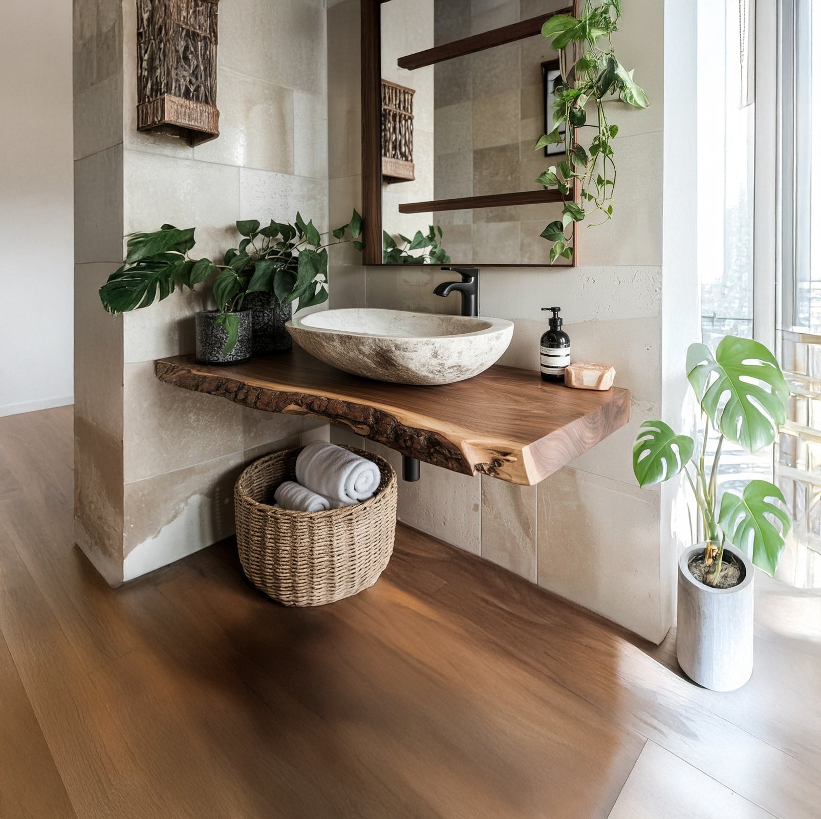 Reclaimed Live Edge Bathroom Vanity Shelf – Handmade Corner Shelf with Rustic Wall Mounted Brackets