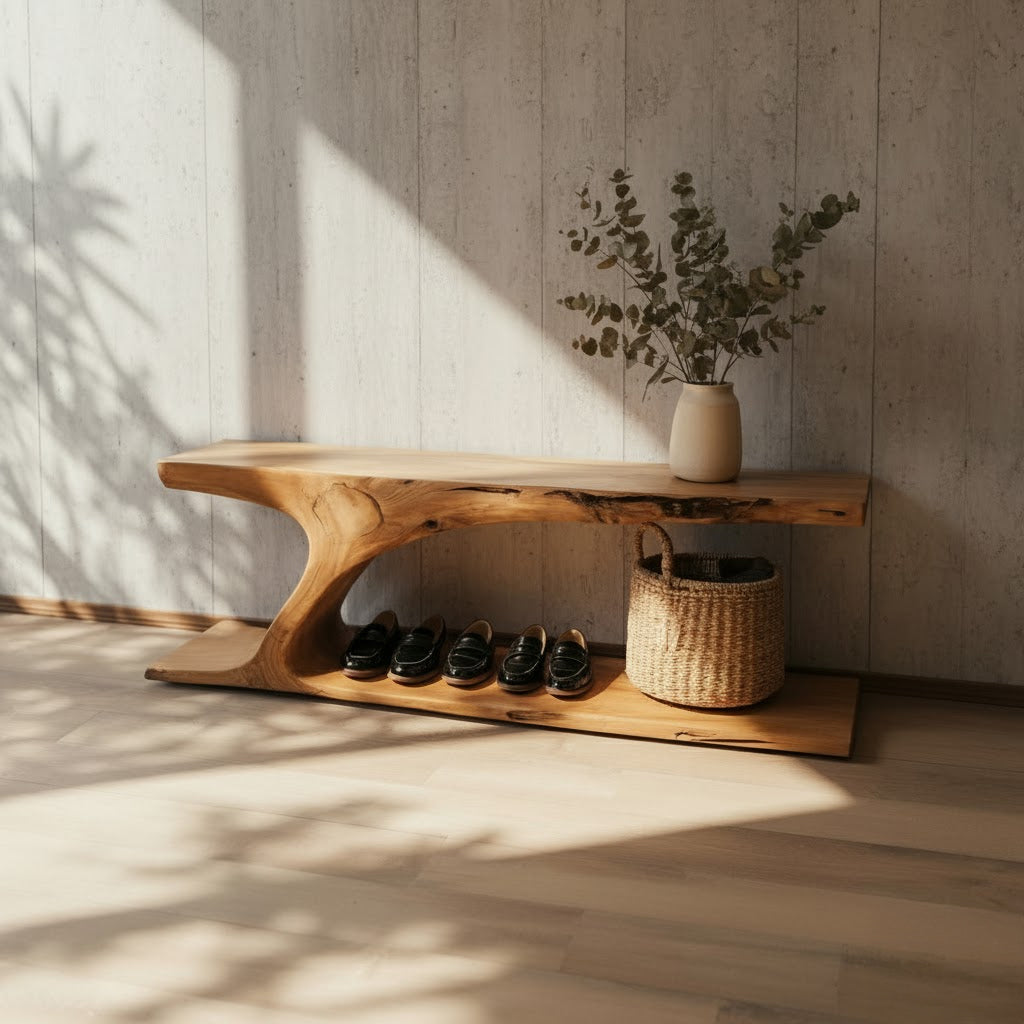 Handcrafted Live Edge Wooden Bench – Sculpted Natural Shoe Storage for Entryway or Hallway
