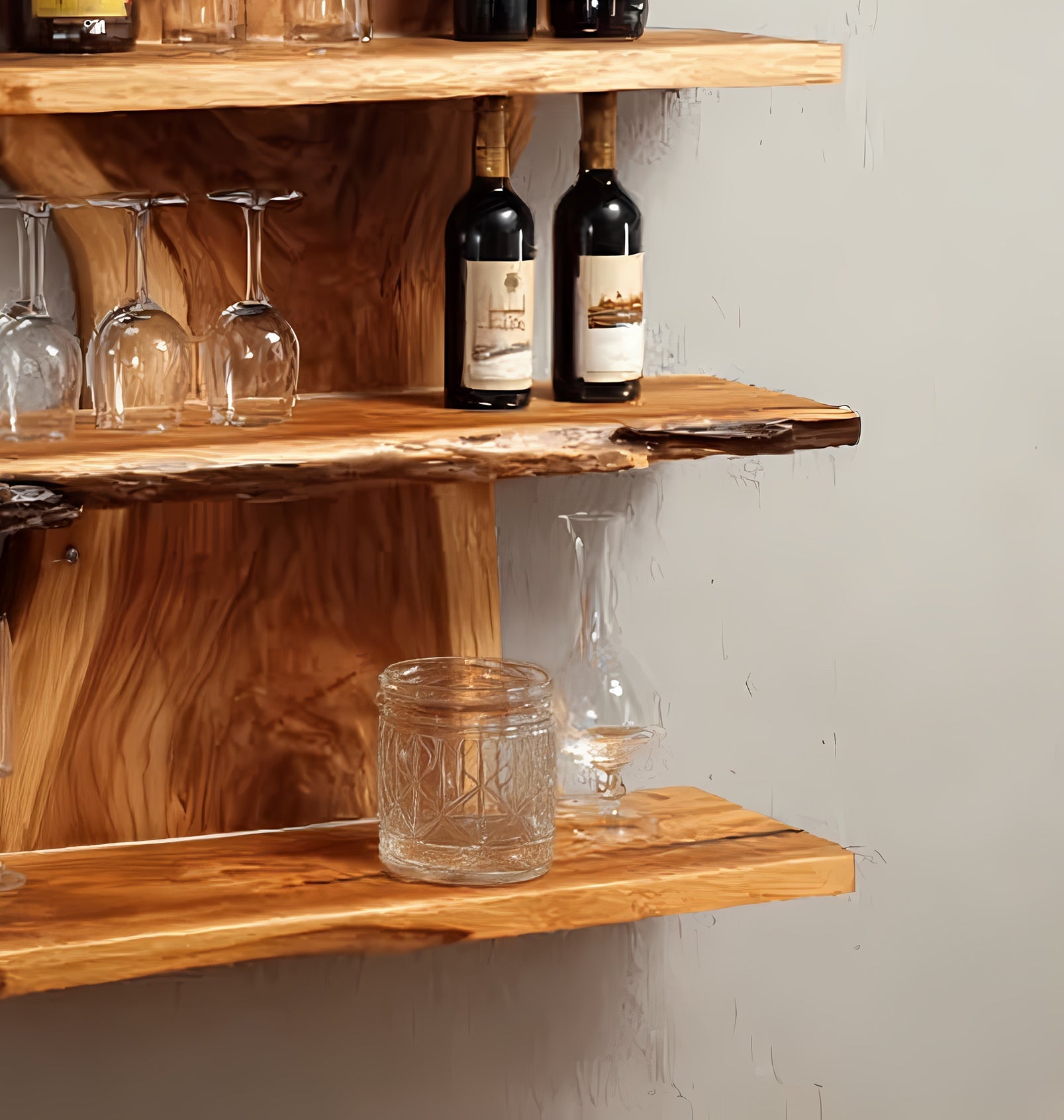 Handcrafted Live Edge Bar Shelf – 3-Tier Wooden Wall Bar, Rustic Floating Shelves for Home Bar Decor