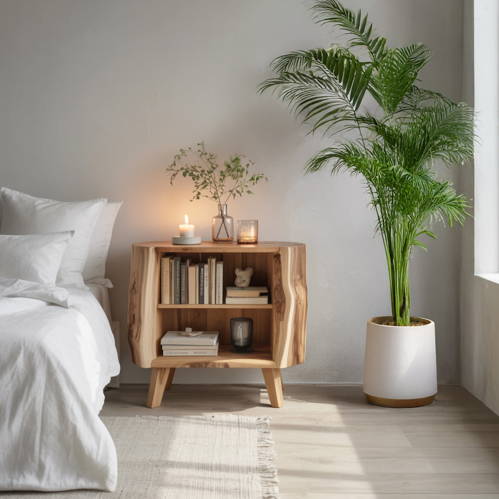 Farmhouse Nightstand for Bedroom – Rustic Natural Wood Bedside Table with Drawer