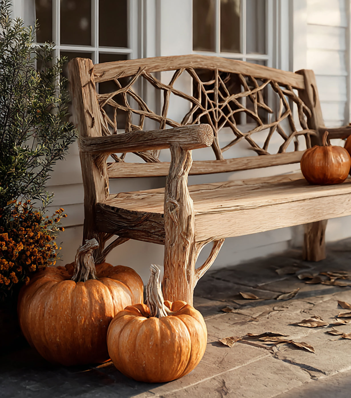 Farmhouse Deck Seating Bench – Handcrafted Wooden Halloween Porch Seat
