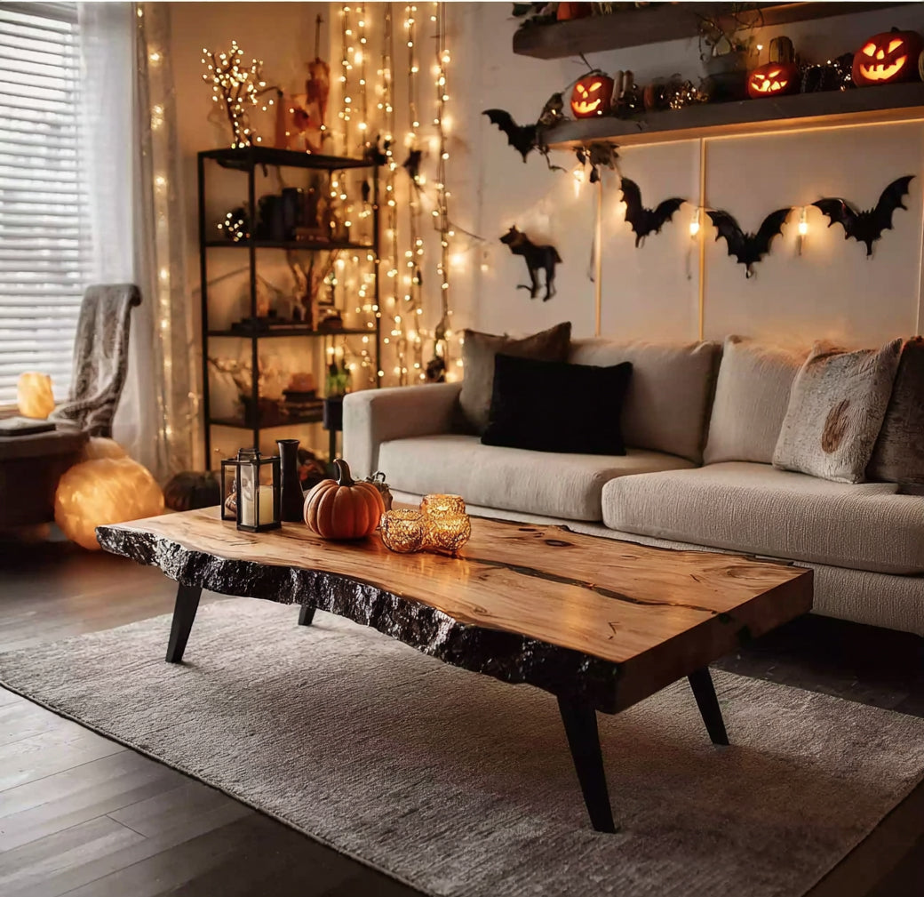 Rustic Handmade Wooden Coffee Table – Live Edge Solid Wood Farmhouse Trestle Table