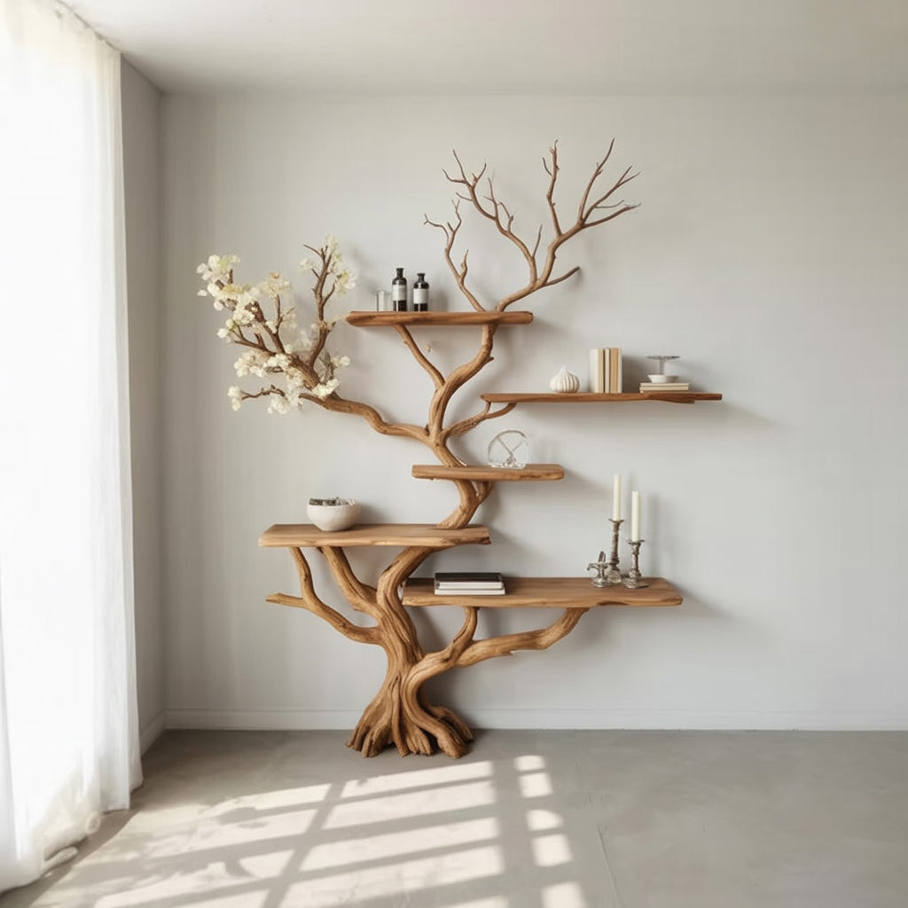 Handcrafted Tree Branch Bookshelf - Natural Wood Floating Shelves - Artistic Wall Decor