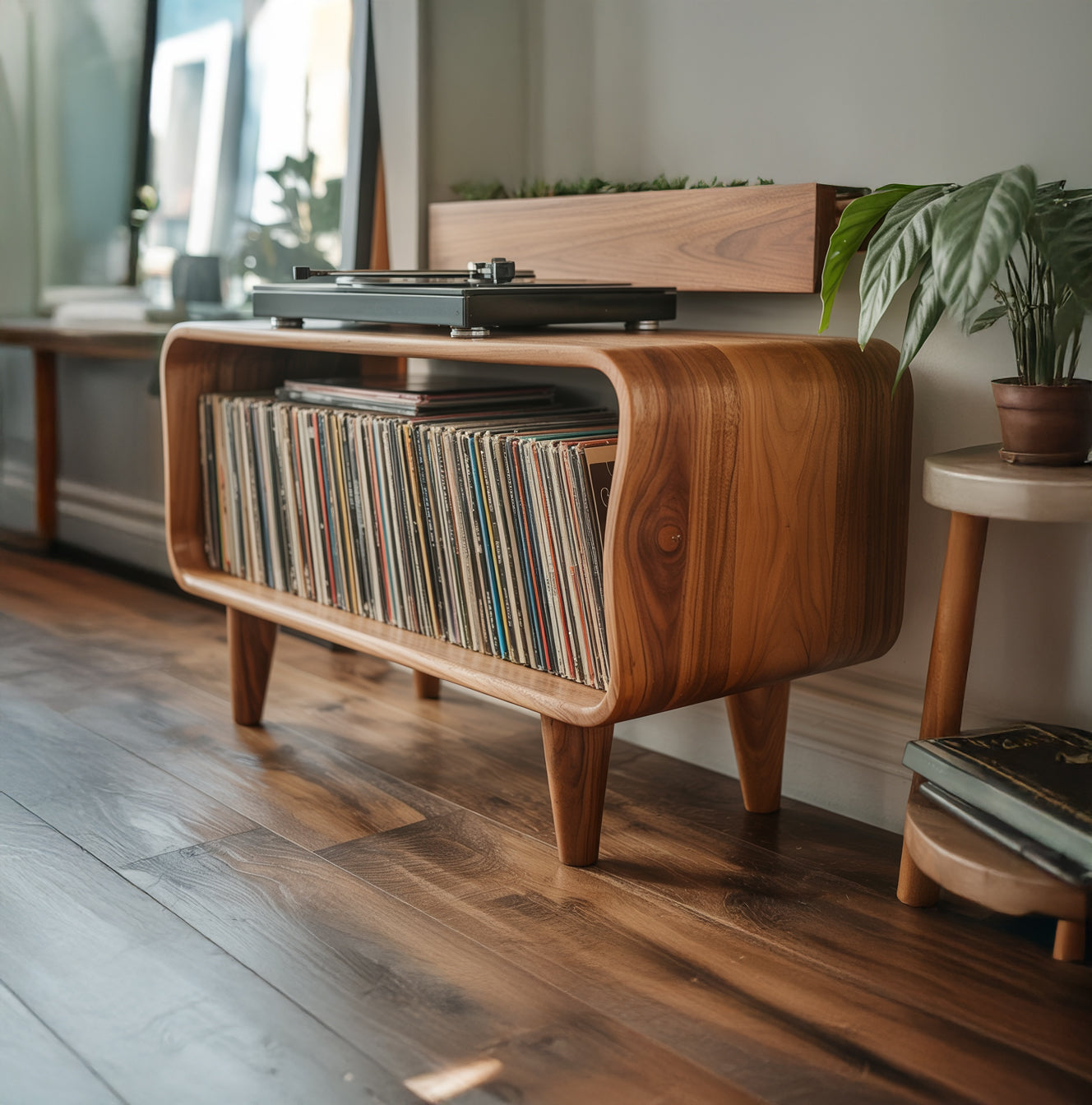 Solid Wood Record Player Stand – Mid-Century Modern Turntable Console