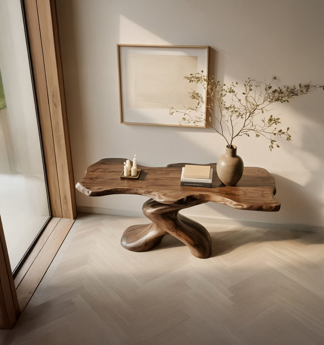 Modern Rustic Solid Wood Console Table – Handcrafted Sculptural Base Hallway & Entryway Table