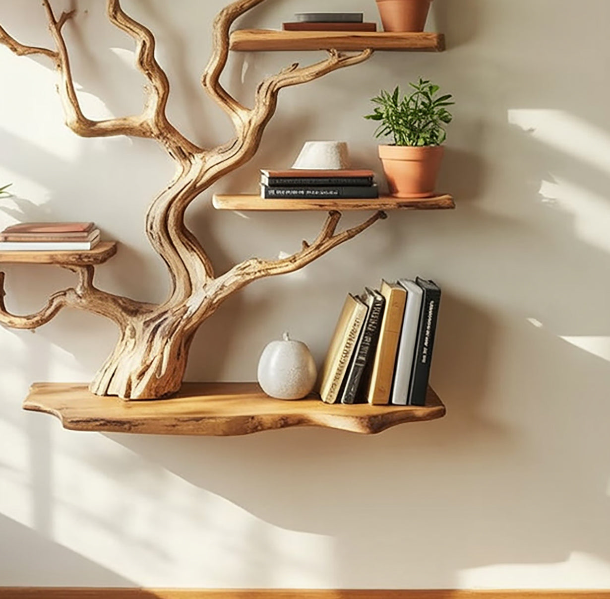 Floating Tree Branch Bookshelf – Solid Wood Driftwood Wall Art