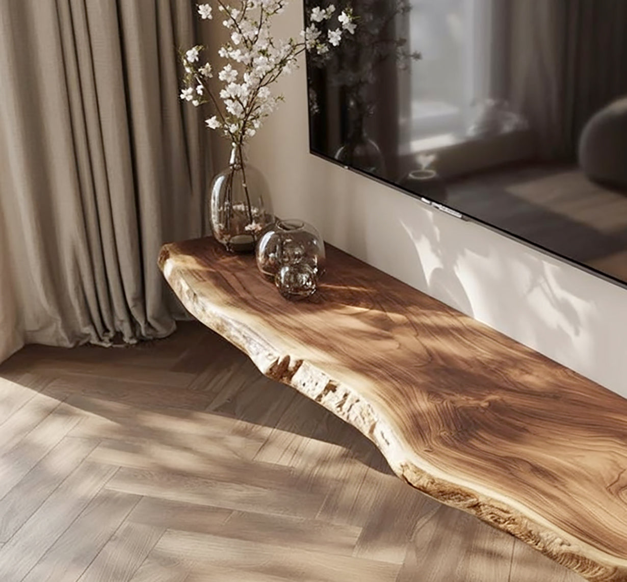 Live Edge Solid Wood Floating TV Stand – Handcrafted Rustic Wall-Mount Media Shelf