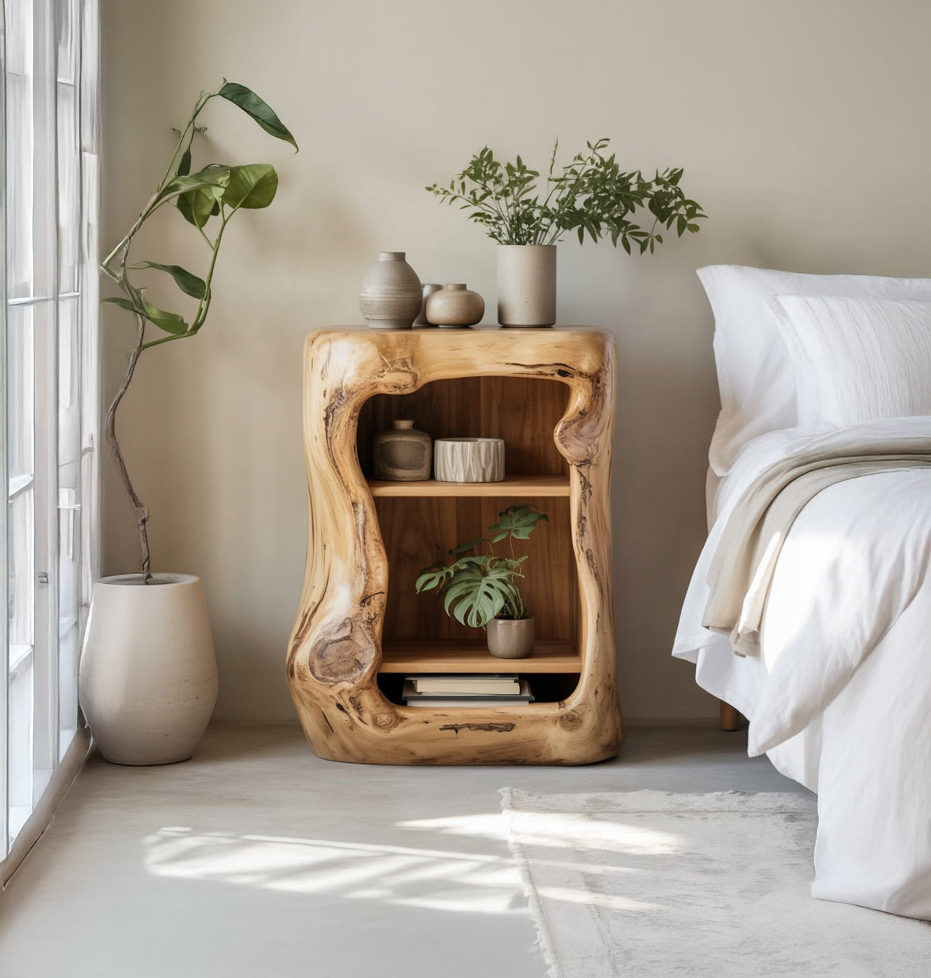 Live Edge Wood Nightstand – Handmade Natural Wood Bedside Table with Shelves