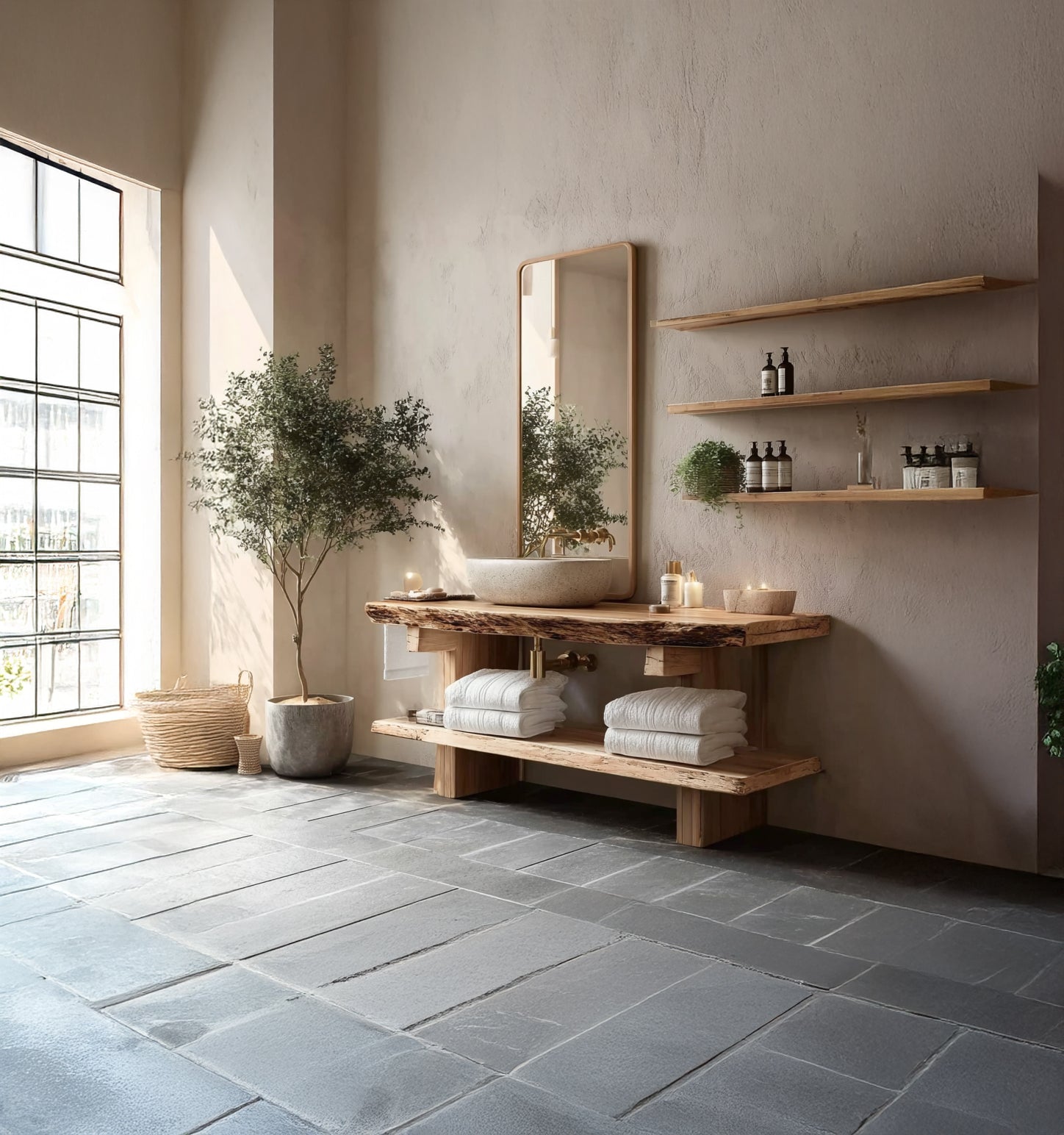 Live Edge Wood Bathroom Vanity – Handmade Rustic Solid Wood Sink Console with Shelf