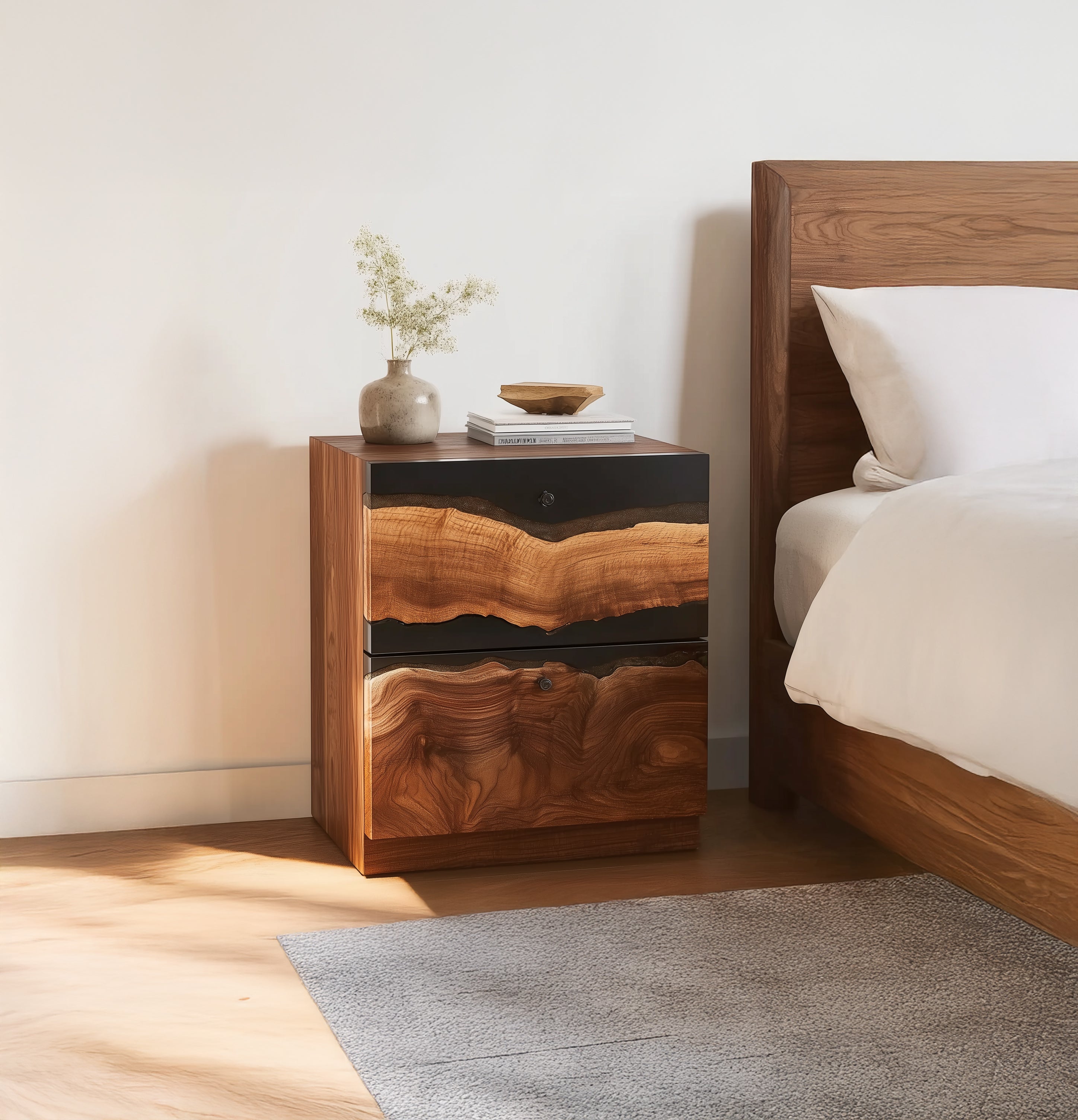 Rustic Solid Wood Nightstand with Drawer and Open Shelf for Bedroom Decor