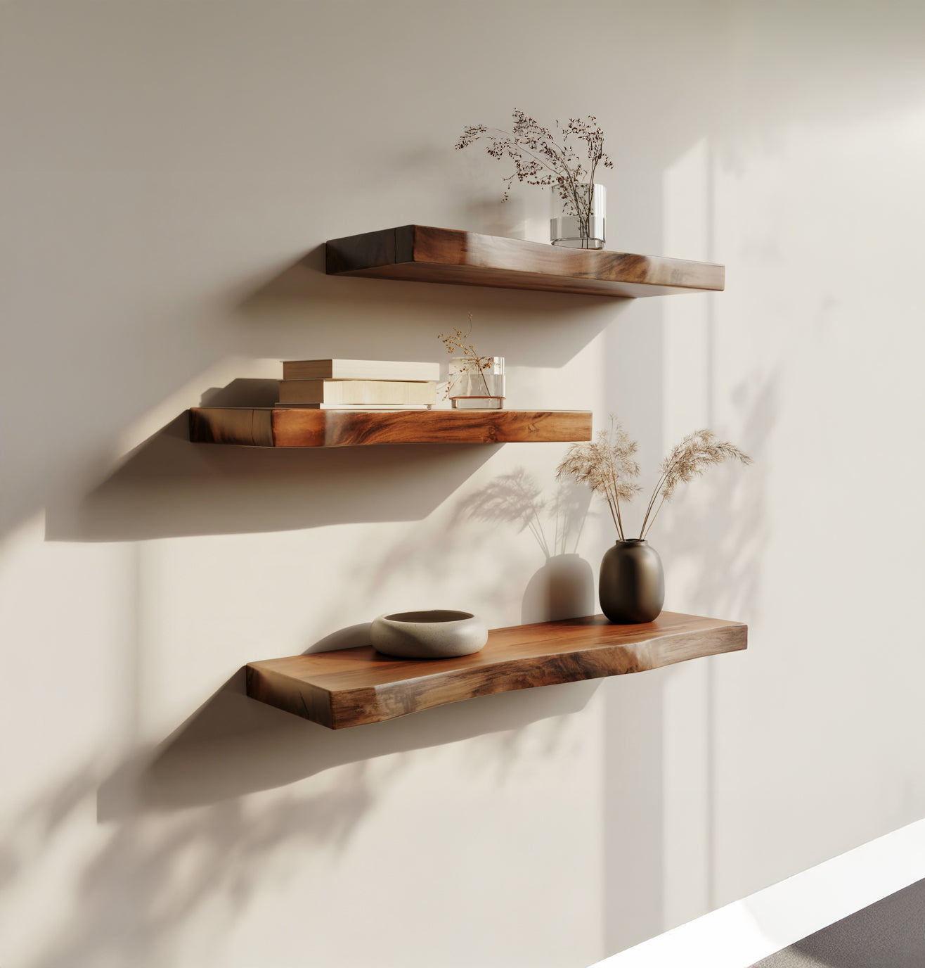 Solid Wood Live Edge Floating Shelf – Rustic Wall Decor for Living Room & Kitchen