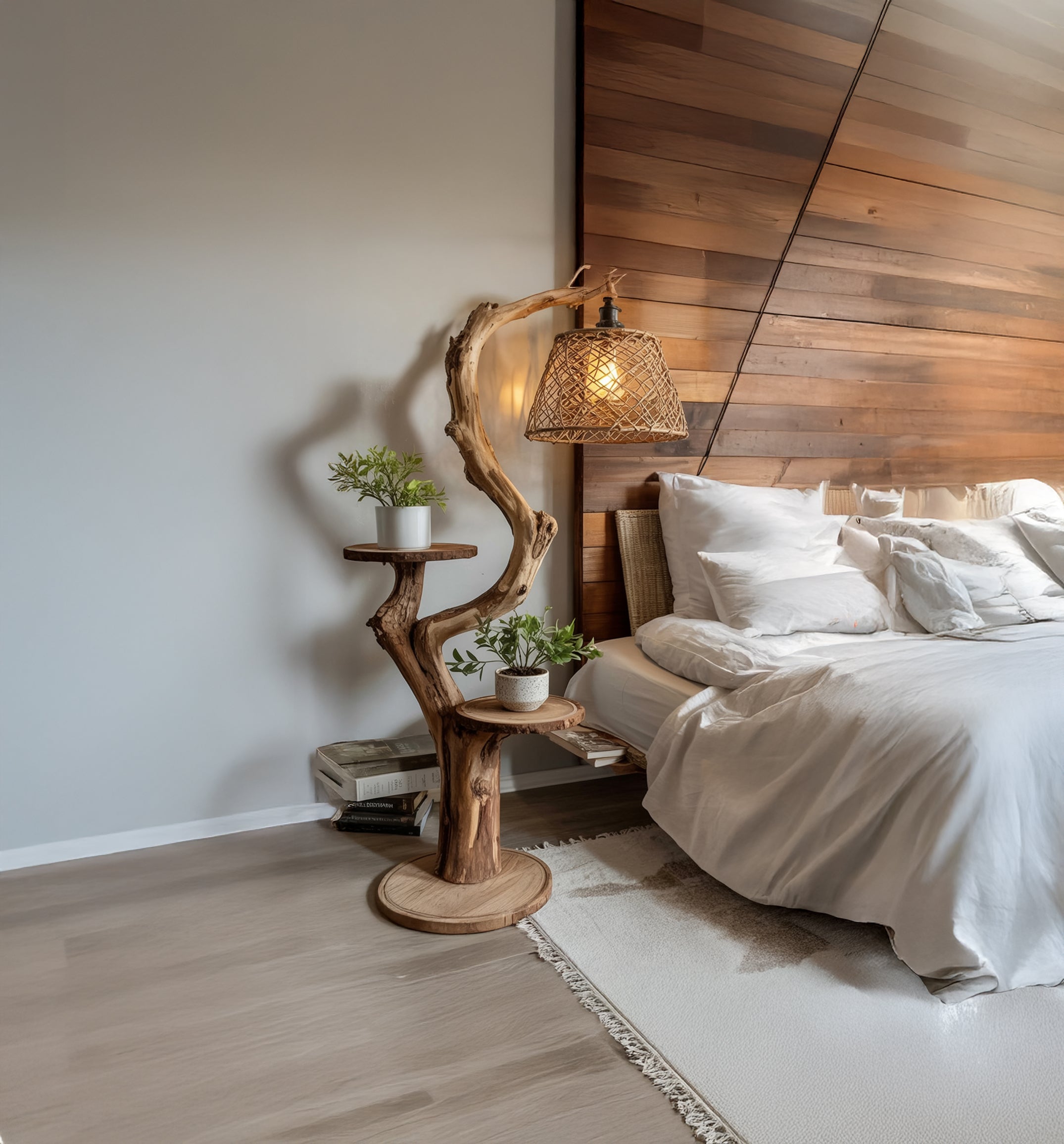 Rustic Driftwood Floor Lamp with Shelves – Handmade Wooden Standing Light