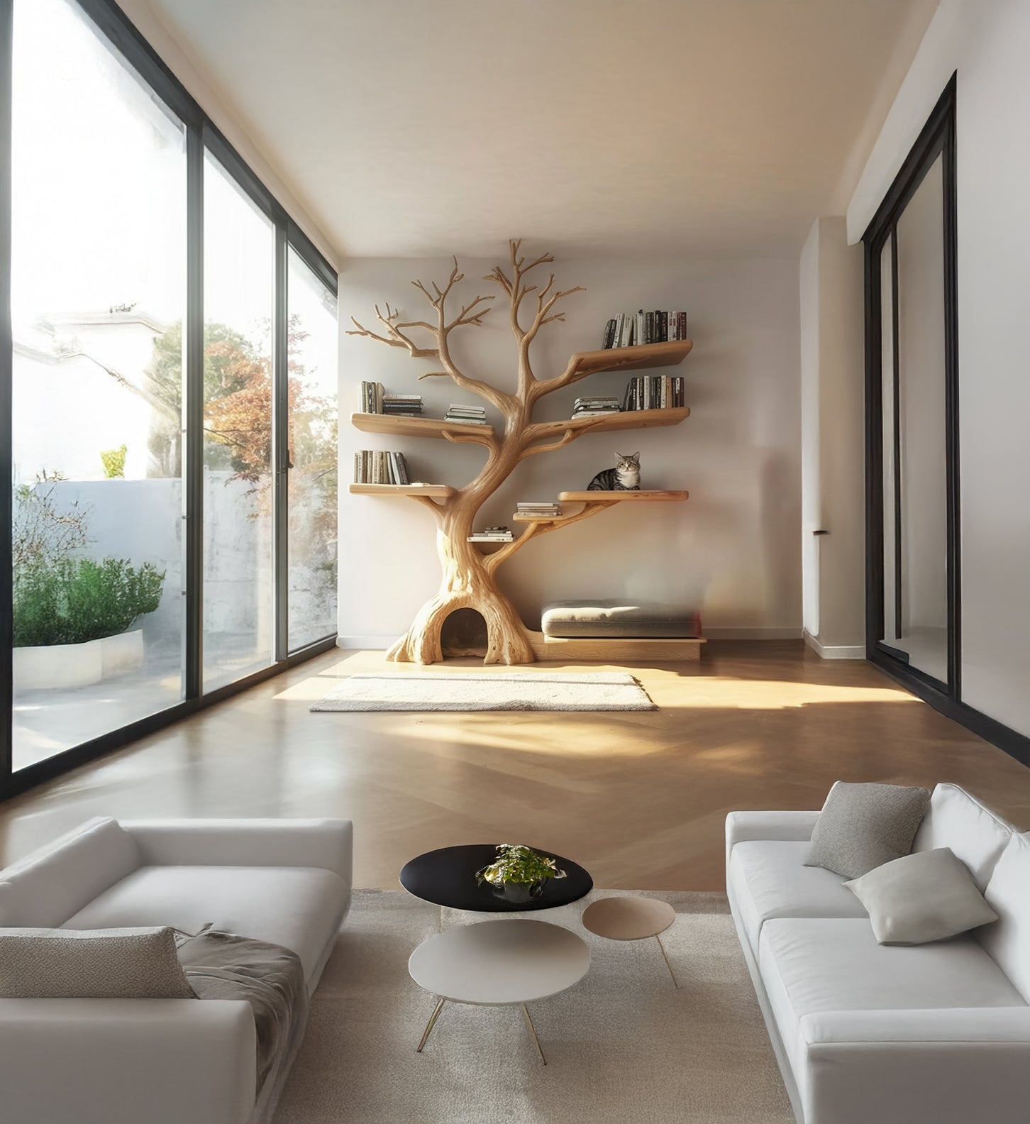 Tree Shaped Wooden Bookshelf with Cat House – Handmade Solid Wood Pet Furniture