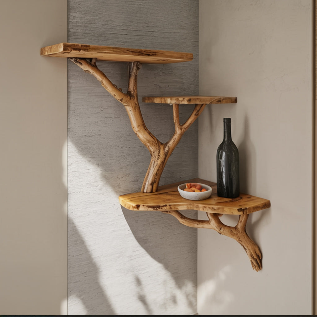 Handcrafted Driftwood Tree Branch Corner Bookshelf – Solid Wood Floating Shelf