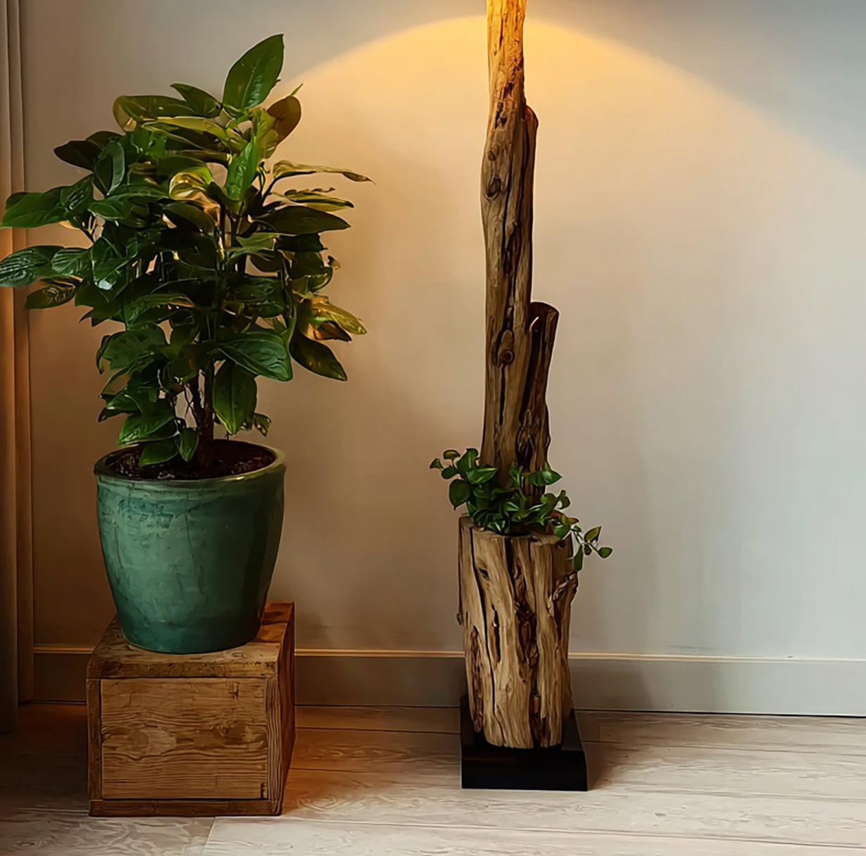 Rustic Driftwood Standing Tree Lamp – Handmade Wooden Floor Light with Rattan Lampshade