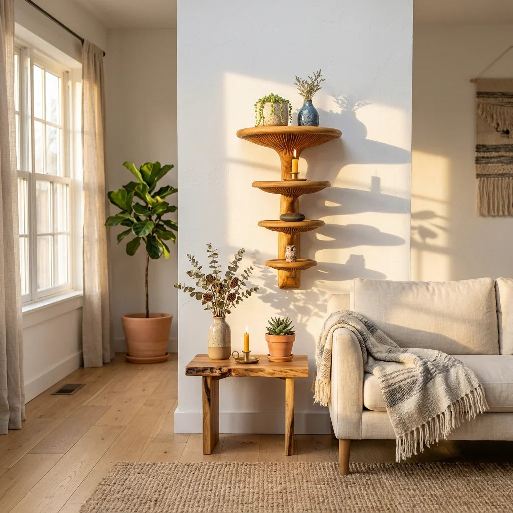 Helical Mushroom Wall Shelf with 4 Graduated Round Platforms - Handcrafted Solid Wood Spiral Staircase Floating Shelf with Front-Facing Gill Carving - Ashdeco 2026