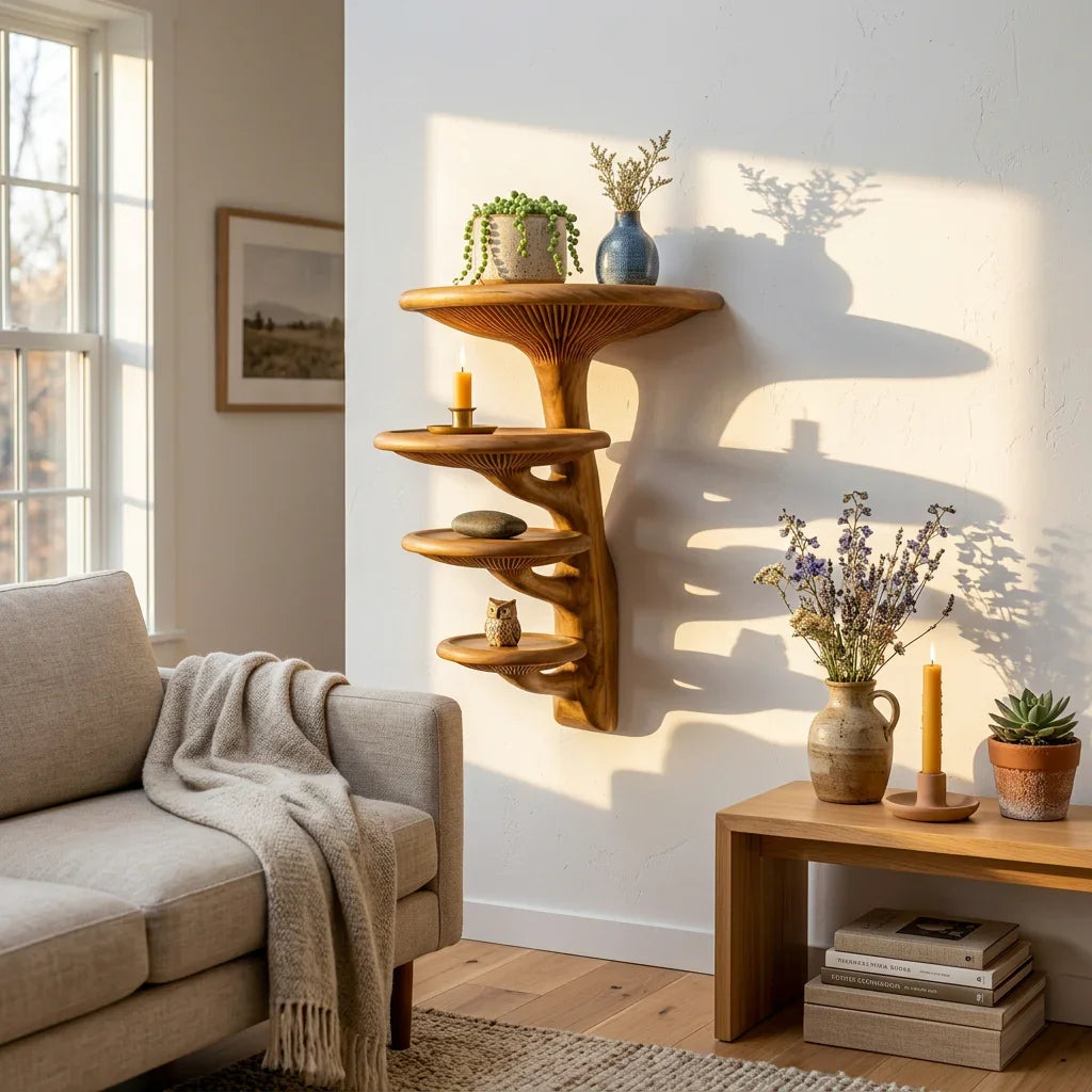 Helical Mushroom Wall Shelf with 4 Graduated Round Platforms - Handcrafted Solid Wood Spiral Staircase Floating Shelf with Front-Facing Gill Carving - Ashdeco 2026