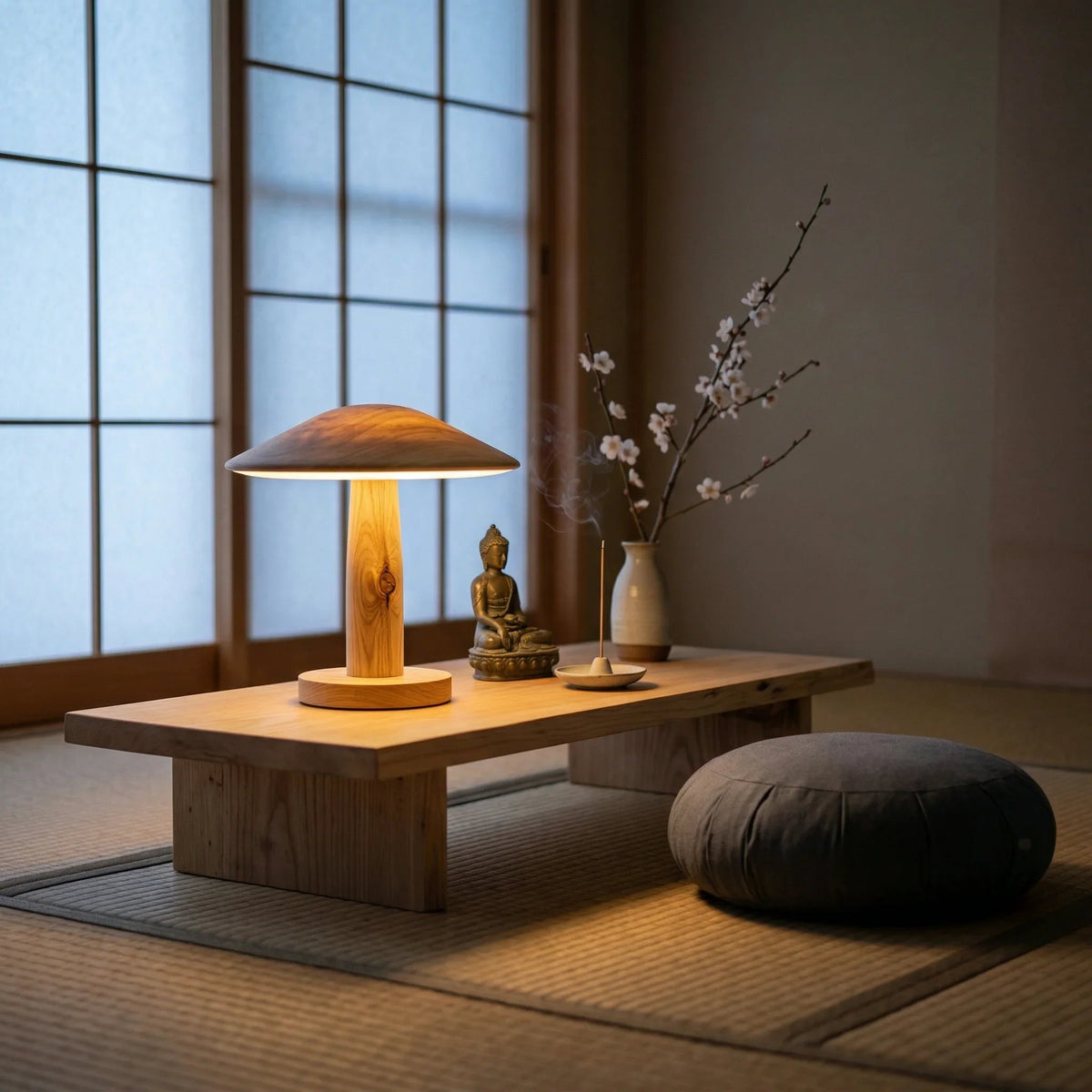 Japandi-style meditation corner with wooden table, soft lamp, cushion, Buddha statue, incense