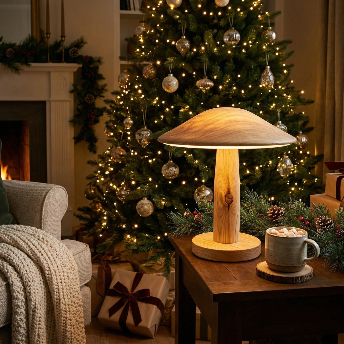 Wood table lamp with warm glow, cozy living room, Christmas tree, presents, hot cocoa