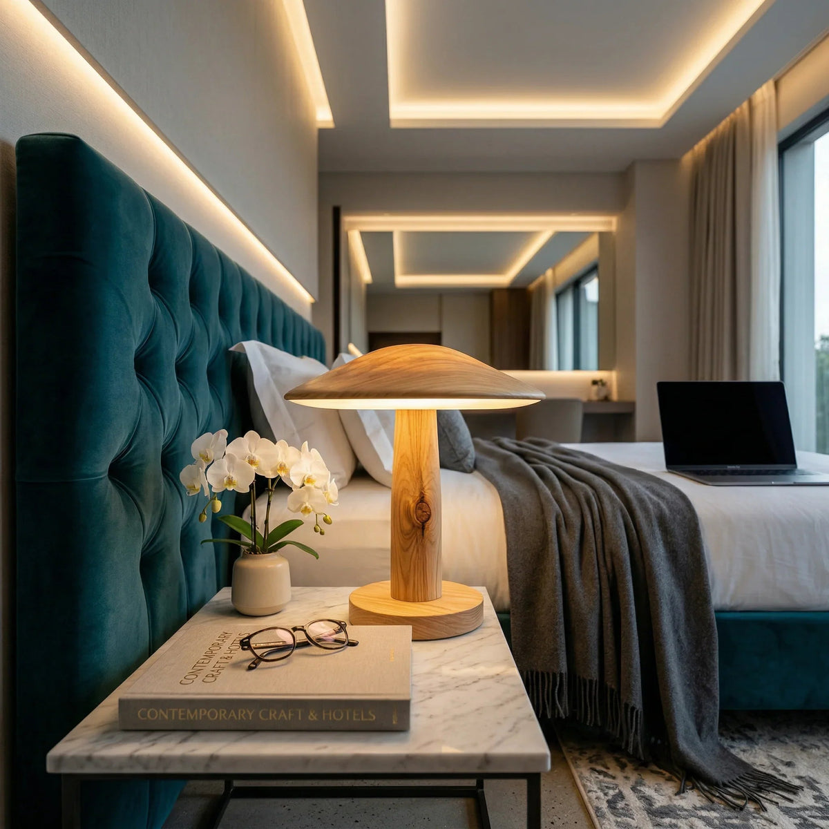 Luxury hotel room with velvet headboard, marble side table, wood lamp, and orchid décor