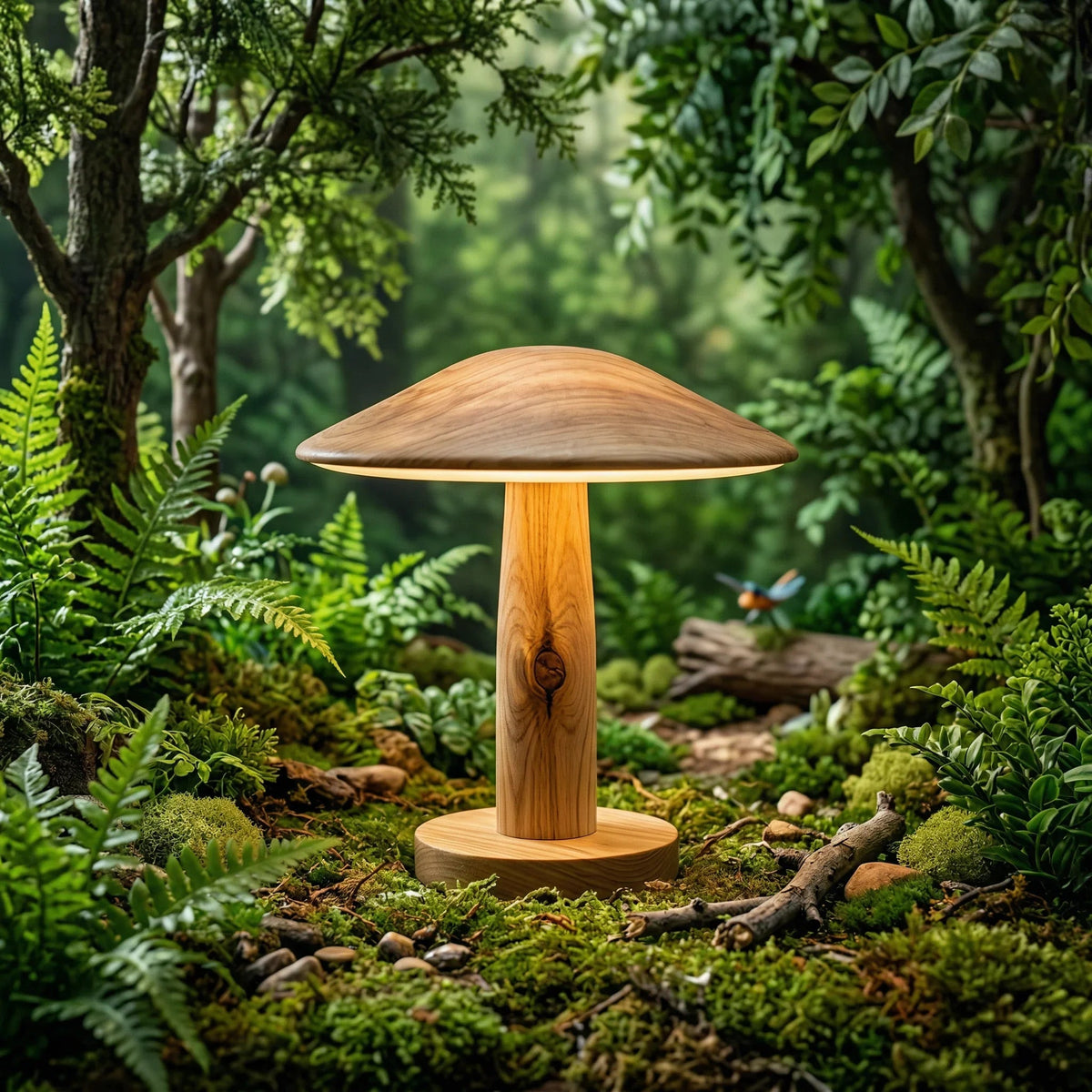 Wooden desk lamp with mushroom shape in lush green forest studio set, surrounded by ferns and moss
