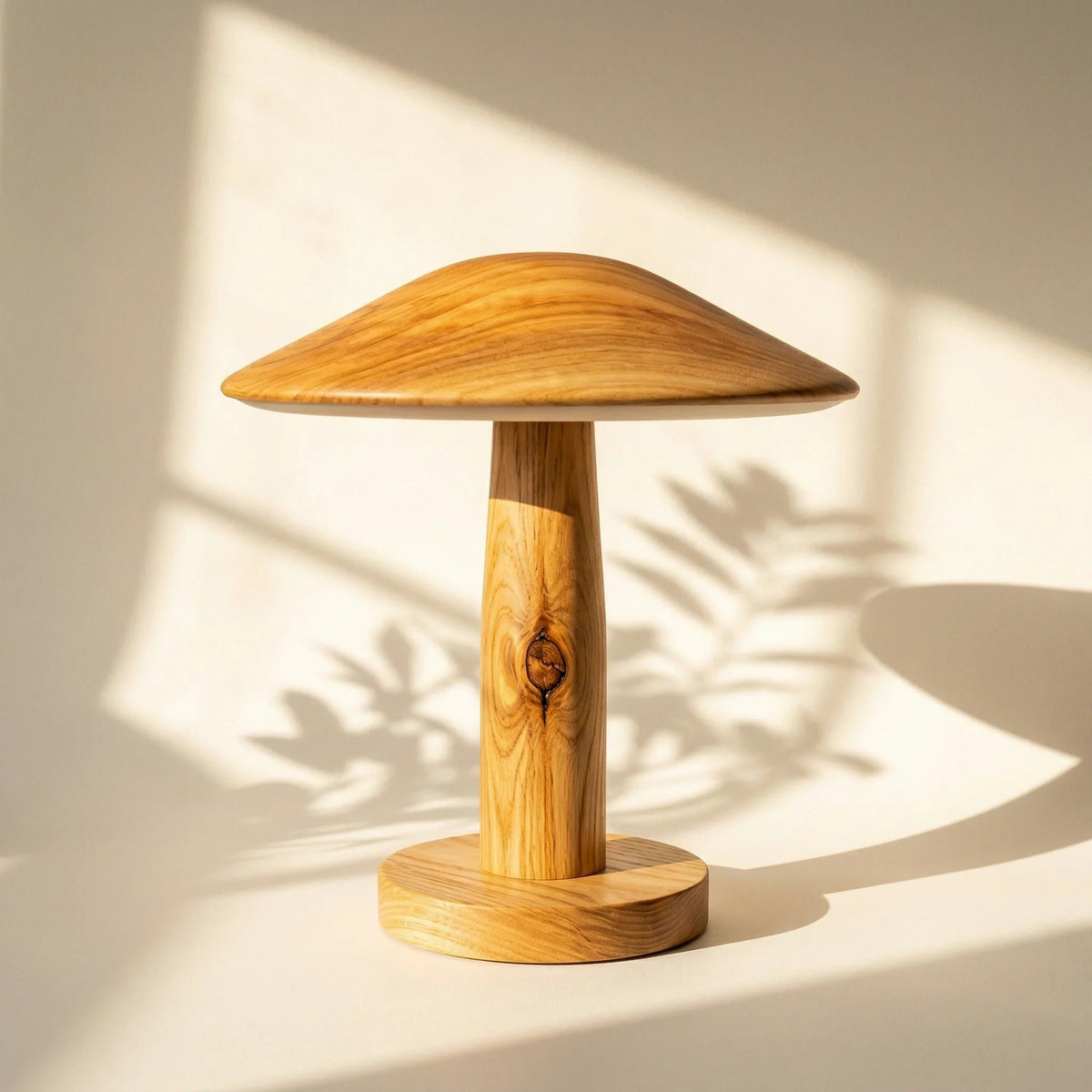 Handcrafted solid wood mushroom-shaped table lamp on neutral background with natural light.