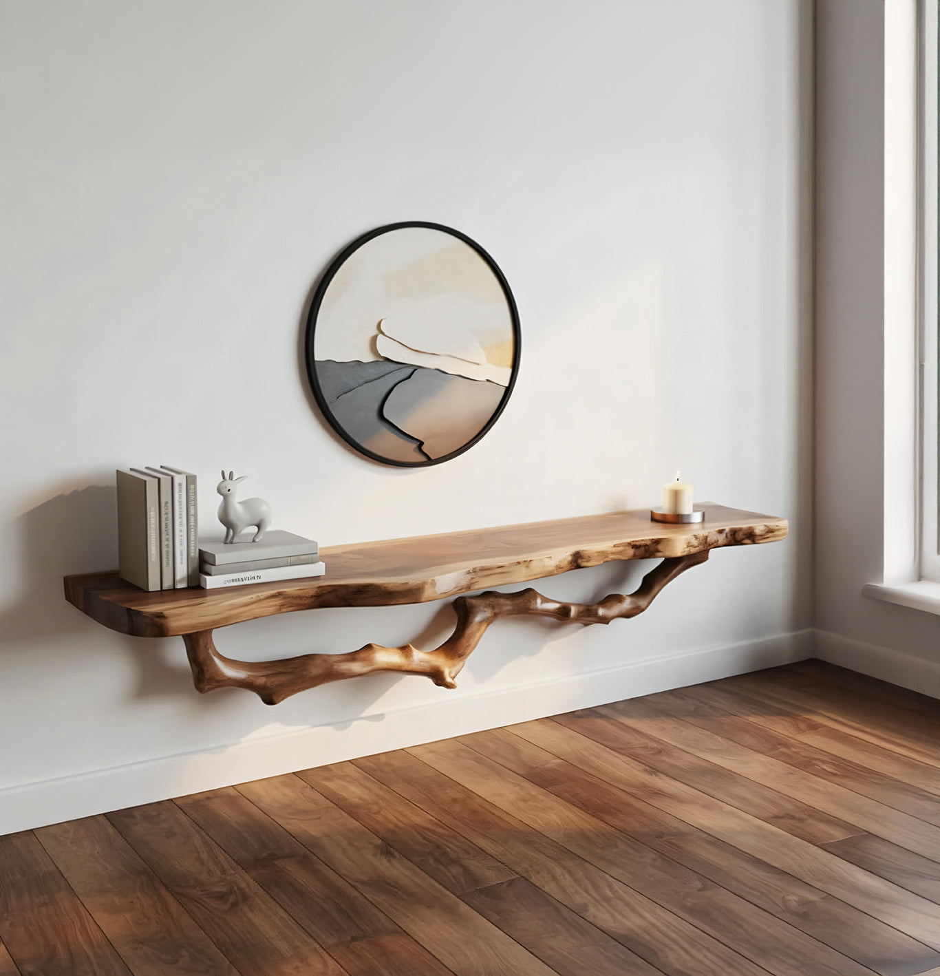 Organic Live Edge Floating Wood Shelf with Sculptural Branch Support