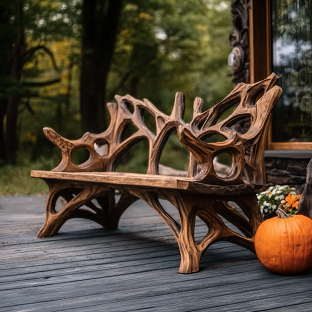 Farmhouse Porch Bench Seat – Rustic Mid Century Solid Wood Outdoor Bench
