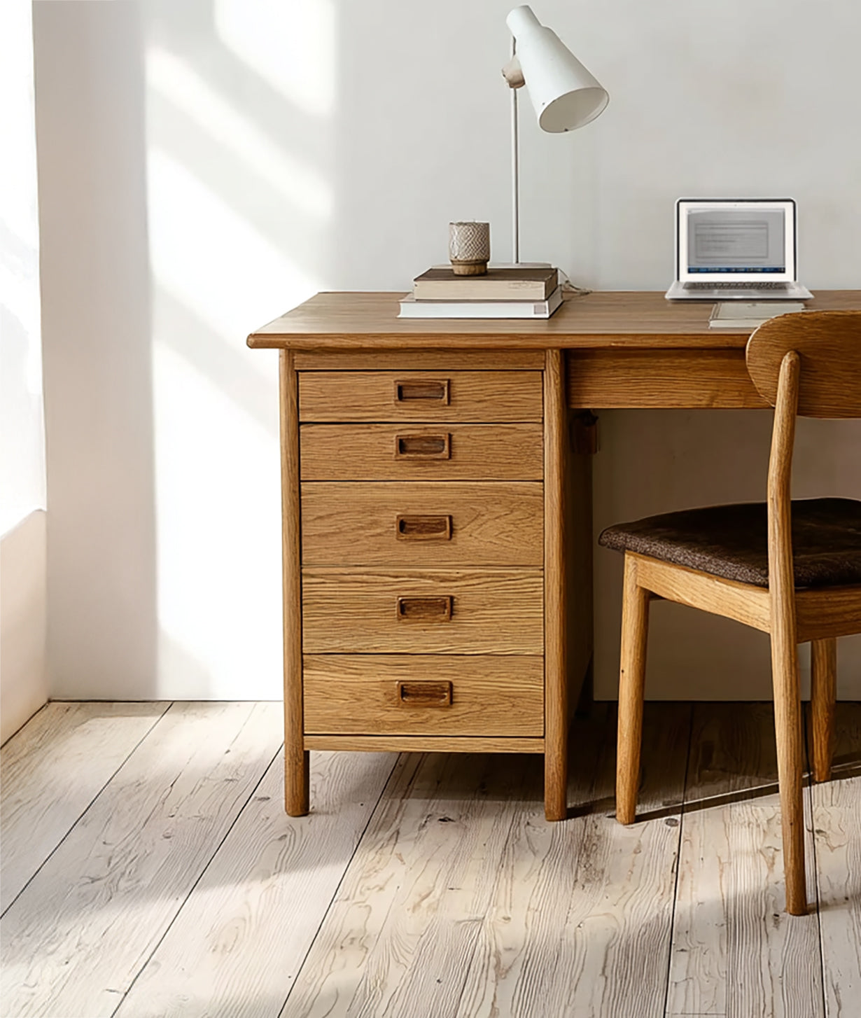 Computer Desk Ulm – Unique Mid Century Narrow Writing Desk, Solid Oak Minimalist Scandinavian Furniture