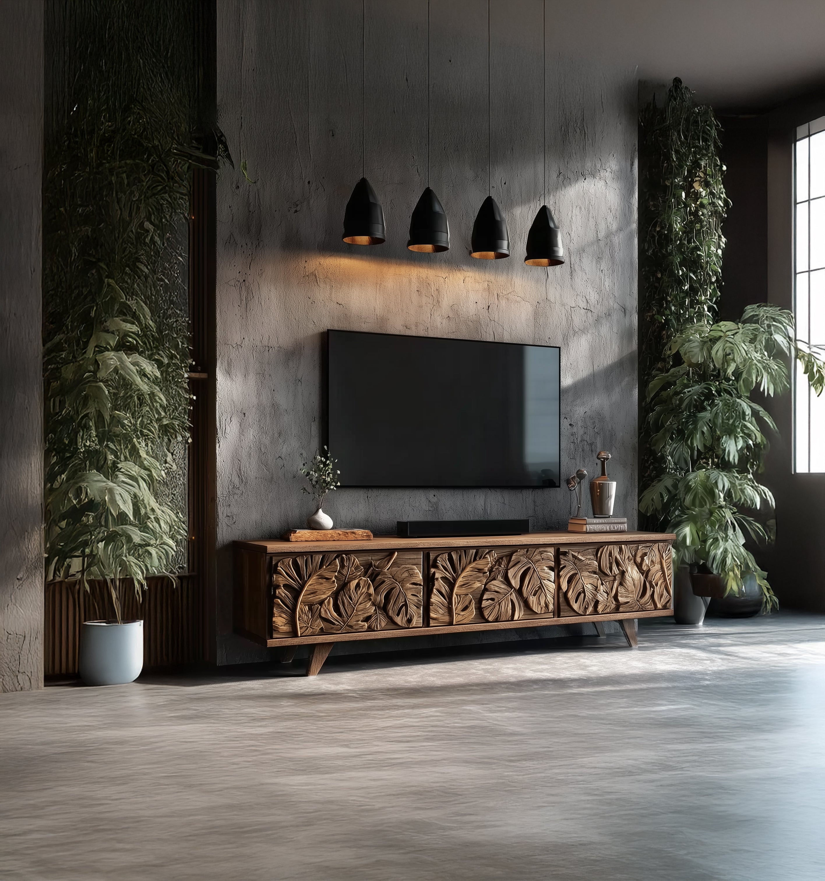 Retro Low Wooden TV Cabinet – Solid Wood Wabi-Sabi Sideboard, Custom Handmade Furniture